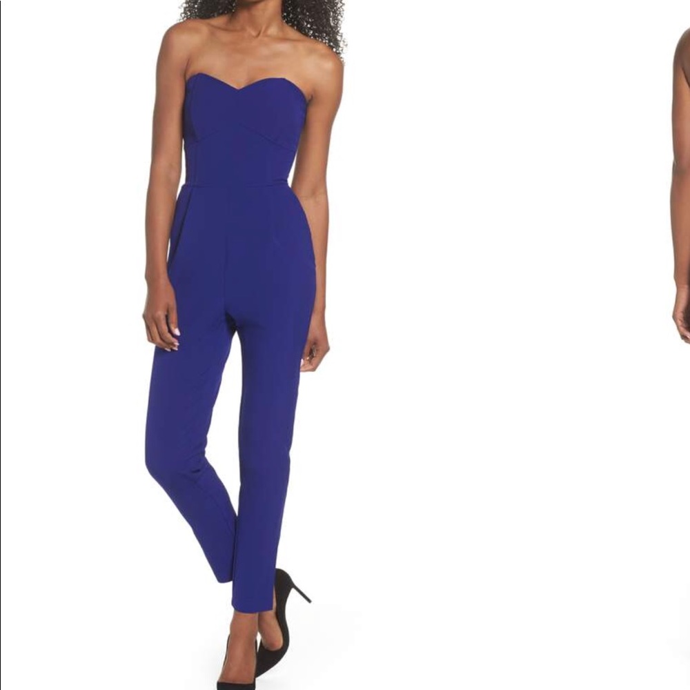 Adelyn Rae Strapless Jumpsuit. Dark cobalt blue.